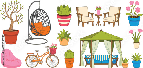 Garden furniture and outdoor lifestyle set with gazebo hanging chair bicycle potted plants and patio seating arrangements vector illustration.