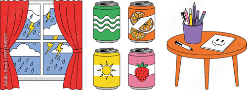 Vector Sticker Set Featuring a Stormy Window with Rain and Lightning, Assorted Fruit Soda Cans, and an Office Desk with Stationery Supplies