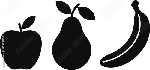 Set of fresh fruit silhouettes including organic apple pear and banana vector icons isolated on white background for healthy lifestyle.