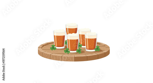 Five glasses of cold amber beer with thick white foam heads are arranged on a rustic circular wooden barrel lid adorned with green shamrocks.