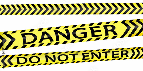 Yellow and black danger tape with warning text on white background