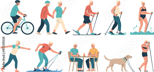 Active senior citizens set enjoying outdoor activities cycling walking skiing swimming hiking with dog healthy lifestyle vector illustration isolated on white background