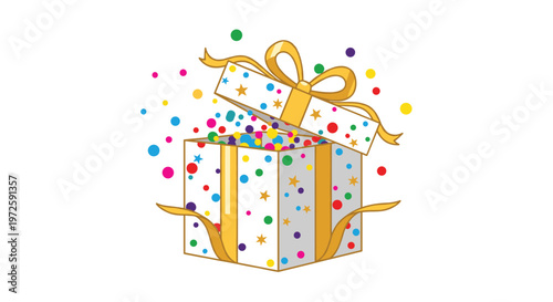 A festive white gift box adorned with shimmering gold ribbons and colorful dots bursts open to release a joyful spray of confetti into the bright air.