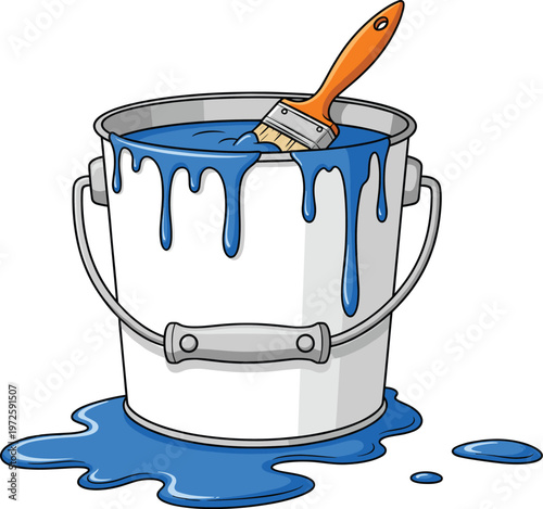 White Paint Bucket Filled with Blue Liquid and Dripping Spills for Home Renovation Projects, Interior Design Advertisements, Construction Services, and Creative Art Studio Graphics