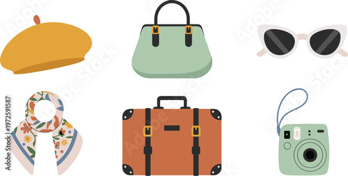 Vintage travel and fashion accessories set including beret handbag sunglasses floral scarf suitcase and instant camera vector illustration for vacation lifestyle concept isolated on white background