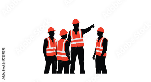 Four dark silhouettes of construction professionals wearing vibrant orange safety gear stand together in a collaborative group on a stark white background.