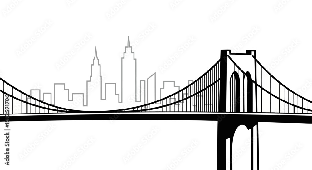 Fototapeta premium A scenic illustration of Brooklyn Bridge standing tall with New York City skyline in the background at dusk showcasing iconic landmark and urban landscape.