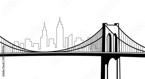 A scenic illustration of Brooklyn Bridge standing tall with New York City skyline in the background at dusk showcasing iconic landmark and urban landscape.