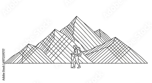 Astronaut standing in front of majestic mountain range with multiple peaks and triangular shapes in a scenic landscape view