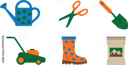 Set of garden tools vector illustration featuring watering can lawn mower rubber boot shovel and scissors for spring gardening and backyard maintenance isolated on white background