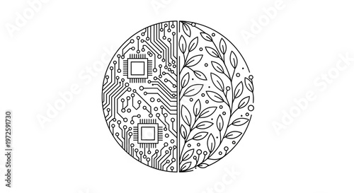 An intricate black and white illustration of leafy patterns and shapes on a circular object, showcasing a mix of organic and geometric designs, likely used for decorative or artistic purposes.
