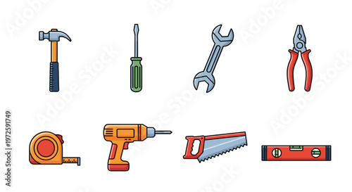 A comprehensive set of eight essential hand tools for home improvement and professional repair tasks is displayed neatly against a clean white background.