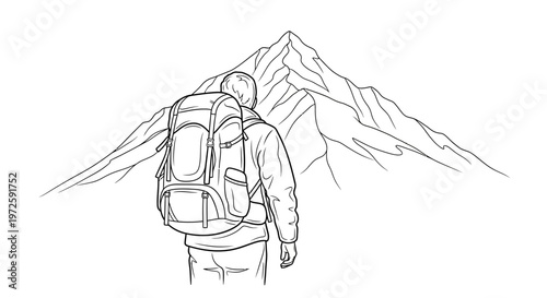 Hiker with backpack standing before majestic mountain landscape in scenic outdoors environment viewed from behind.