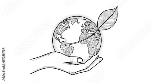A hand cradles the Earth with a growing leaf, symbolizing care and environmental protection on a global scale naturally.