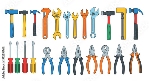 A large and diverse collection of colorful hand tools including various wrenches, hammers, screwdrivers, and pliers is organized on a plain white background.