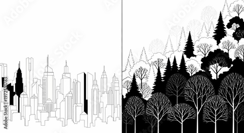 Cityscape illustration merges with dark forest landscape and trees on right side in black monochrome