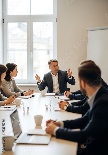 Business Meeting Discussion with Colleagues in Office Conference Room.