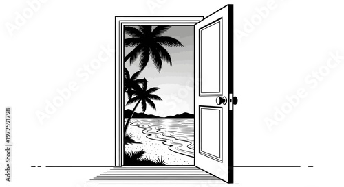 An open door reveals a serene beach scene with palm trees, sandy shore, and calm ocean waves at sunset.