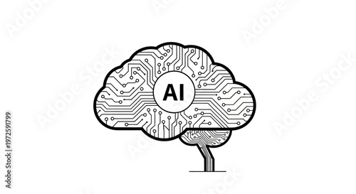 A futuristic illustration of an AI-powered tree with circuit board patterns, showcasing technology and innovation in a minimalist style, highlighting AI, tree, circuit, board, patterns.