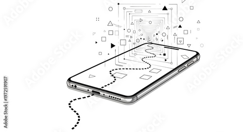A smartphone with a line and symbols emerging from it in an abstract digital illustration scene with technology and graphics elements surrounding the device.
