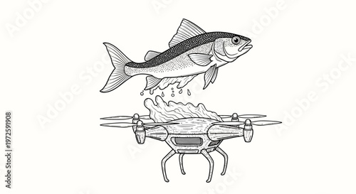 A drone flies with a salmon fish above water splash in a scenic outdoor environment with technology and nature elements on display.