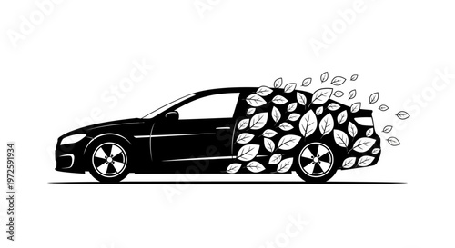 A black car is driving away with leaves swirling around it on a road in a natural environment with a pile of leaves beside it.