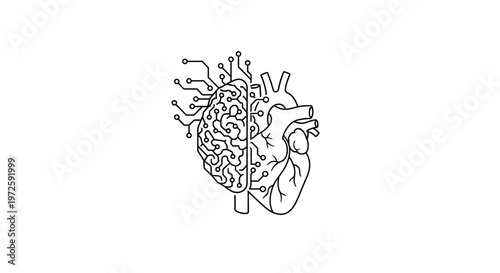 Anatomical illustration of a human heart with vessels and arteries in a detailed line drawing from a medical perspective.