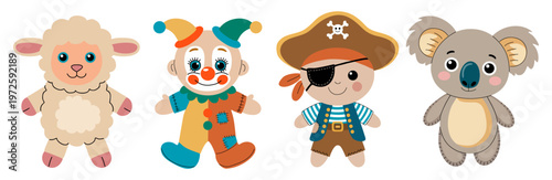 Four charming stuffed toys stand side by side. Lamb, clown, pirate, and koala each display playful smiles. Each toy wears colorful, whimsical clothing. Flat vector isolated on transparent background