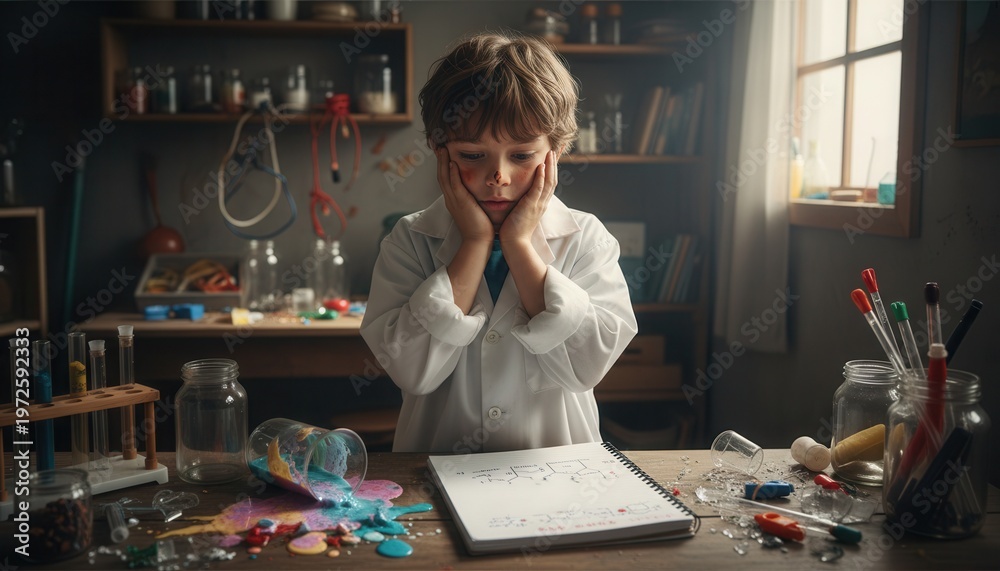 Fototapeta premium Young boy in lab coat frustrated with messy science experiment