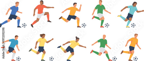 Set of diverse soccer players playing football vector illustration with male and female athletes kicking ball isolated on white background for sports competition and fitness concept