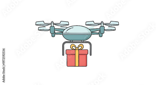 Drone delivering a gift box with yellow ribbon