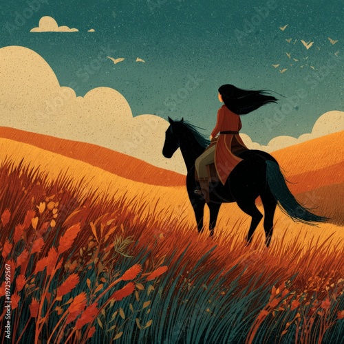 a girl riding a horse through a field