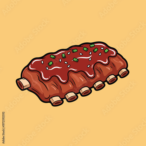 An appetizing vector illustration of a rack of grilled BBQ ribs glazed with sauce and garnished with fresh green onions and sesame seeds.