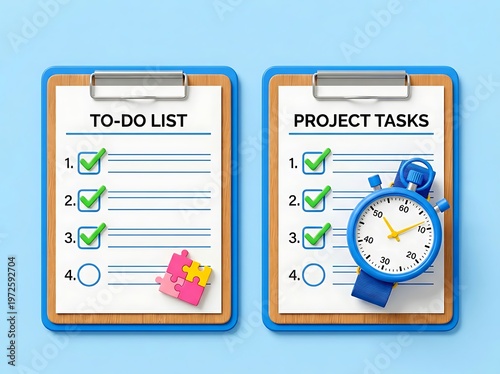 Two clipboards with todo list and project tasks checklists with puzzle pieces and stopwatch on light blue background  business productivity tools