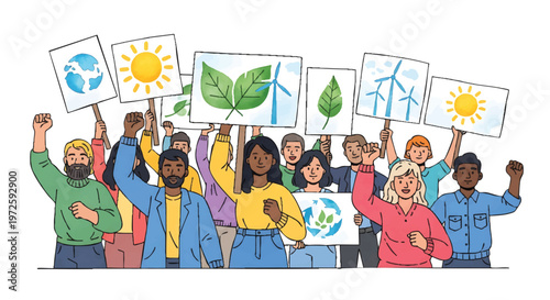 Diverse group of people holding eco-friendly signs and symbols