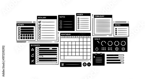 Dashboard Panel Monthly Planner with Checklist and Goals Tracker Black Silhouette Vector Illustration