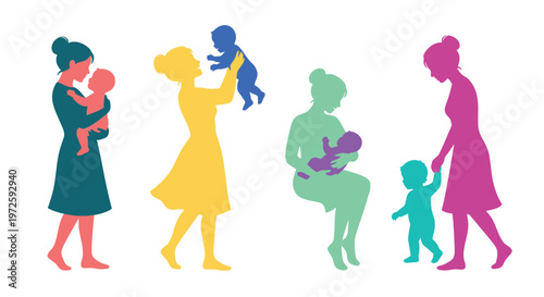 Colorful silhouette illustration of mothers lovingly interacting with their babies