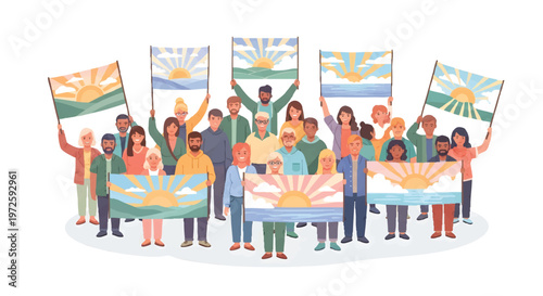 Diverse group of people holding flags and banners with sun design