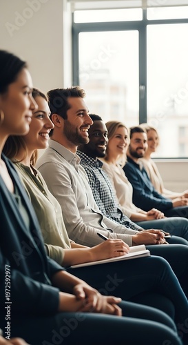 Diverse group of professionals attentively listening during a business seminar or presentation.