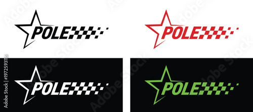 Pole position racing badge set with star and checkered motion, qualifying leader graphic in multiple color variations for motorsport events, starting grid highlight, automotive design. Vector illustra