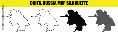 Chita russia map silhouette in white outline solid black and dotted styles isolated on transparent background.