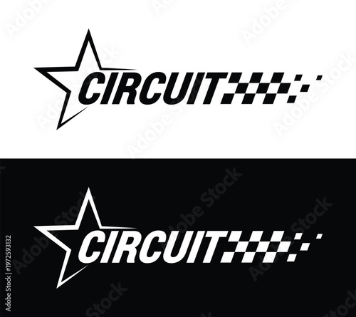 Circuit racing logo with star and checkered motion trail, motorsport track identity graphic for racing events, automotive branding, race course promotion design. Vector illustration
