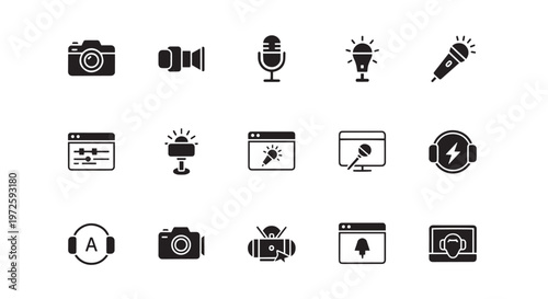 Podcast and Multimedia Production Solid Glyph Icon Set