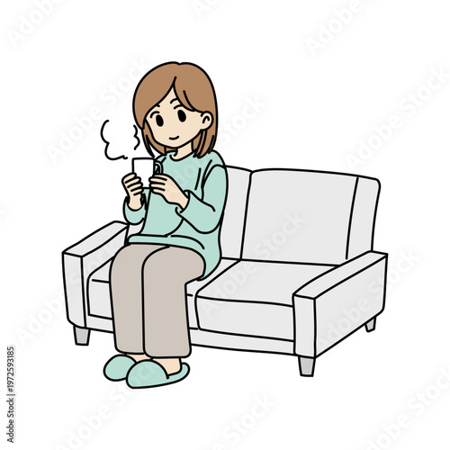 ソファでコーヒーを飲んでくつろぐ女性のシンプルなイラスト