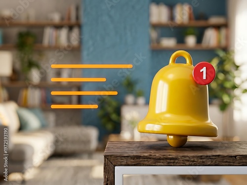 Yellow bell with red notification on a wooden table in a blurred living room with blue wall and bookshelves