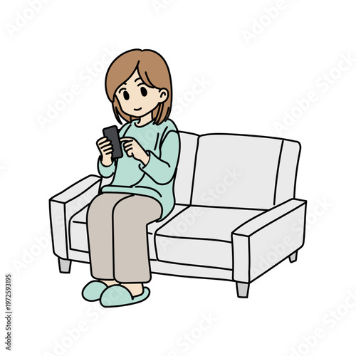 ソファでスマートフォンを操作する女性のシンプルなイラスト