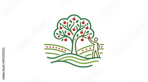 Apple Tree Harvest Logo with Person Picking Fruit