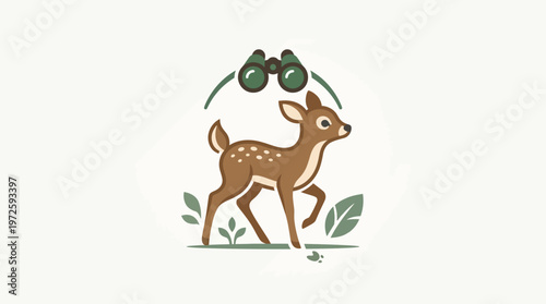 Cute Cartoon Deer with Binoculars and Foliage