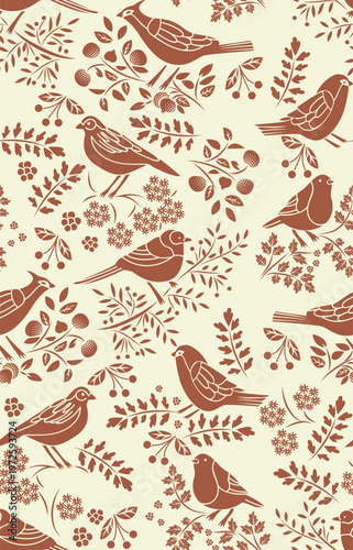 Cottagecore Autumn Woodland Seamless Pattern, Folk Art Linocut Style Songbirds with Acorns, Berries and Oak Leaves for Rustic Textile, Botanical Wallpaper and Wrapping Paper