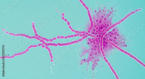 Microscopic view of bacteria with long pink rod-shaped structures and spherical cells on a light blue background with small particles